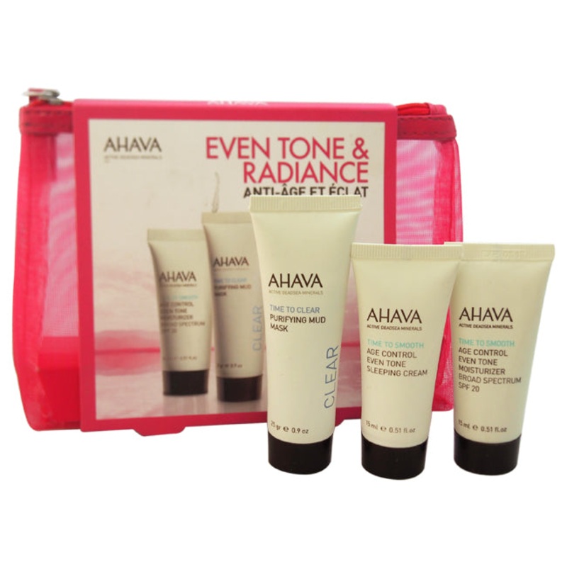 Ahava Even Tone & Radiance by Ahava for Unisex - 3 Pc Kit 0.51oz Even Tone Sleeping Cream, 0.9oz Purifying Mud Mask, 0.51oz Even Tone Moisturizer Broad Spectrum SPF 20